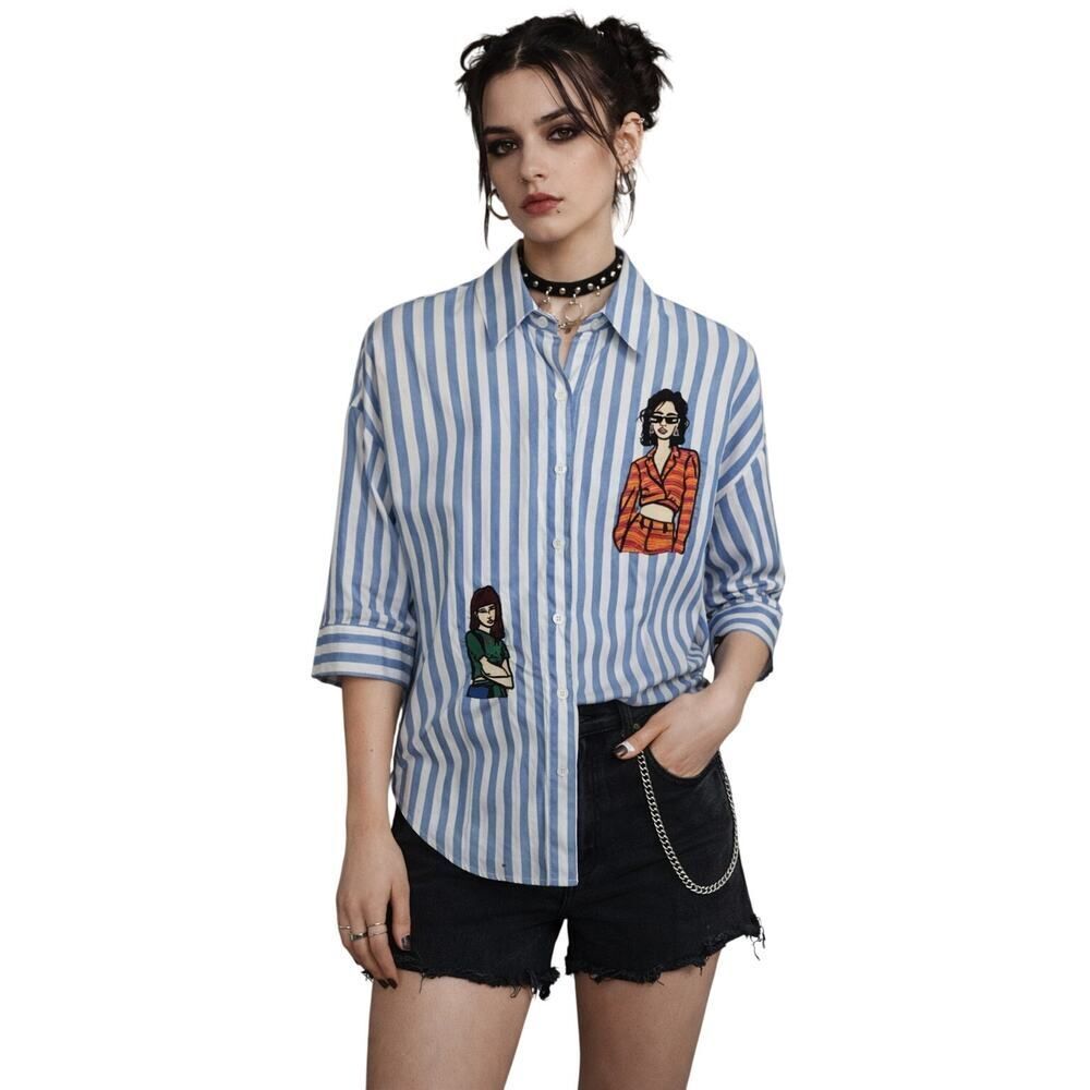 PASTEL Women's Striped Graphic Detail Button Down Shirt Blue/White Size Small